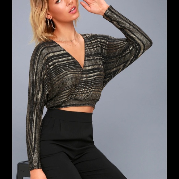 Lulus Tops - Shimmer Town Black and Gold Striped Long Sleeve Crop Top
